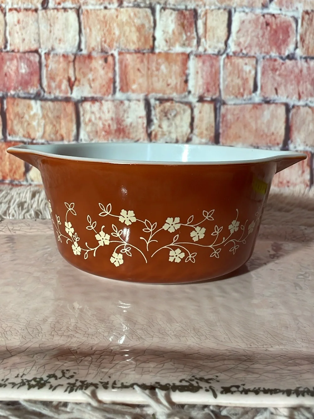 Pyrex Brown Dish with Cream Floral Vine Pattern